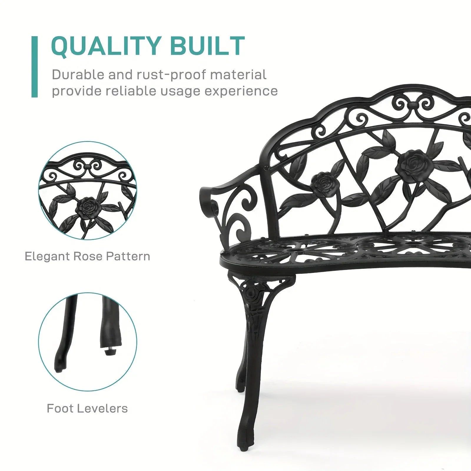 Floral Cast Aluminum Outdoor Garden Bench for 2