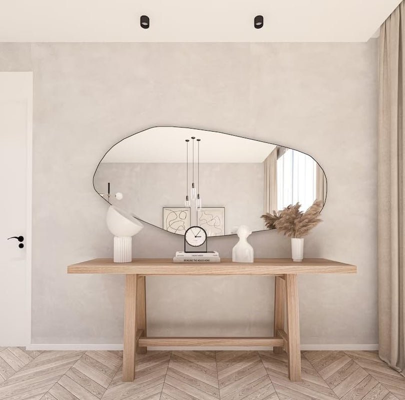 Asymmetrical Wooden Framed Wall Mirror - Modern Dressing Mirror for Modern Home & Kitchen