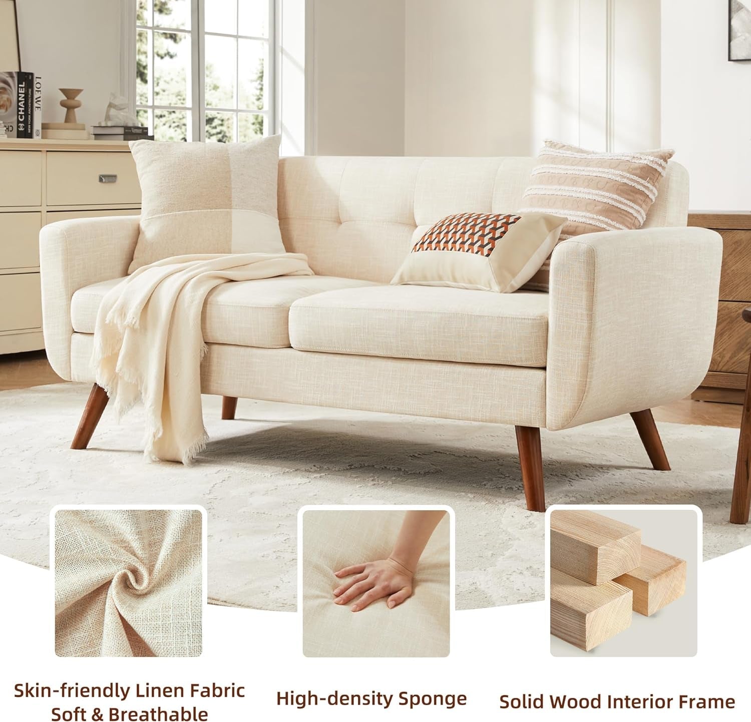 Modern Beige Loveseat – Mid-Century Comfort & Style for Any Space