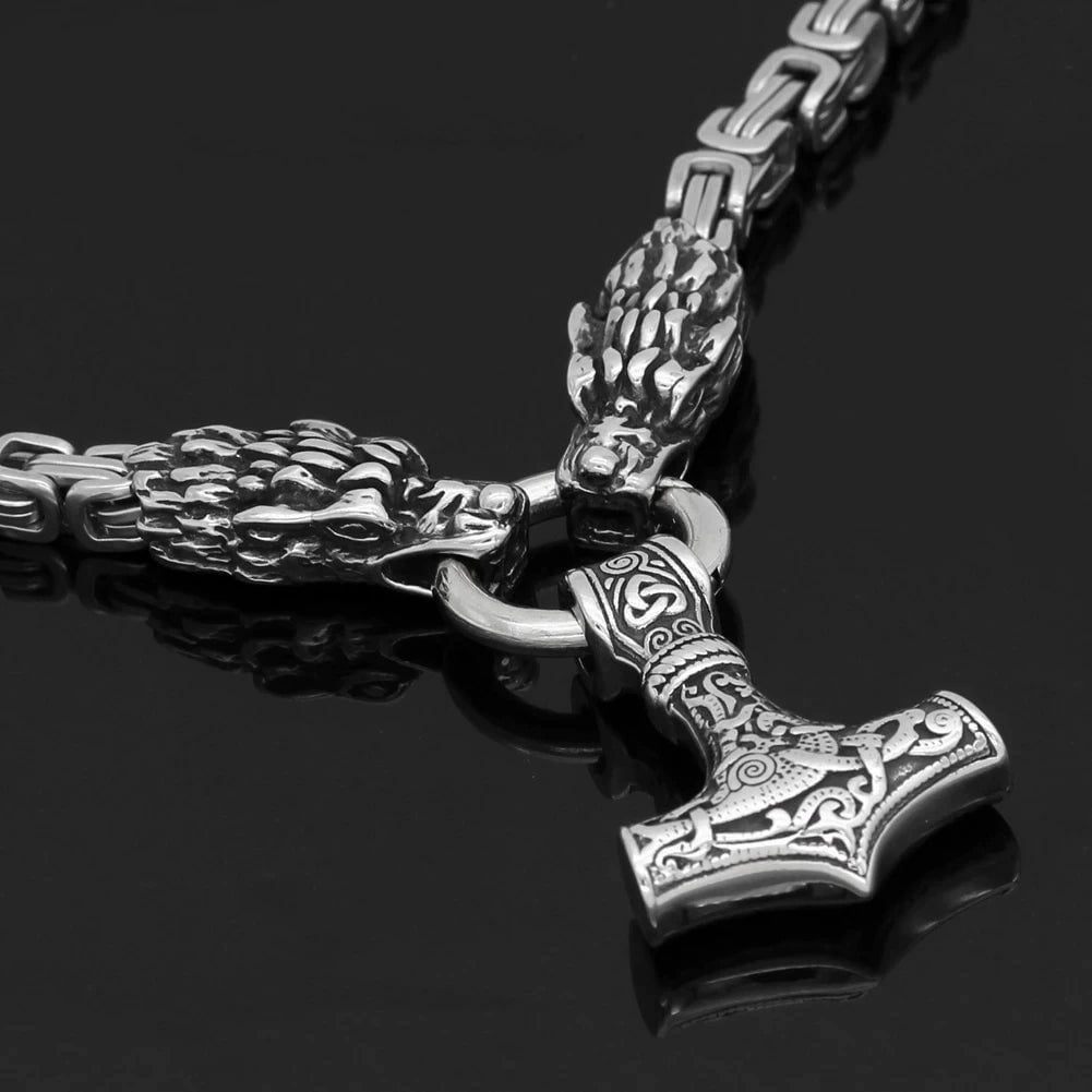 Vikings Dragon Head Mjolnir Stainless Steel Necklace Ancient Treasures
