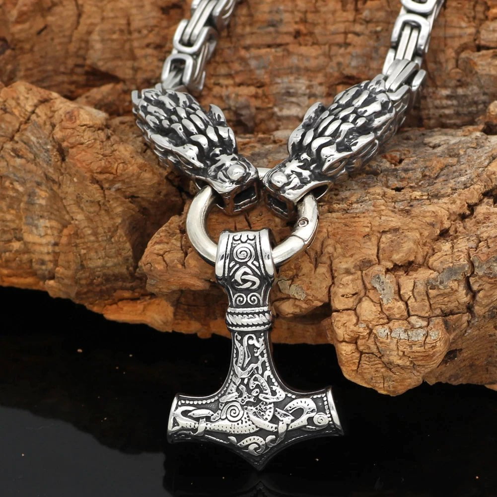 Vikings Dragon Head Mjolnir Stainless Steel Necklace Ancient Treasures