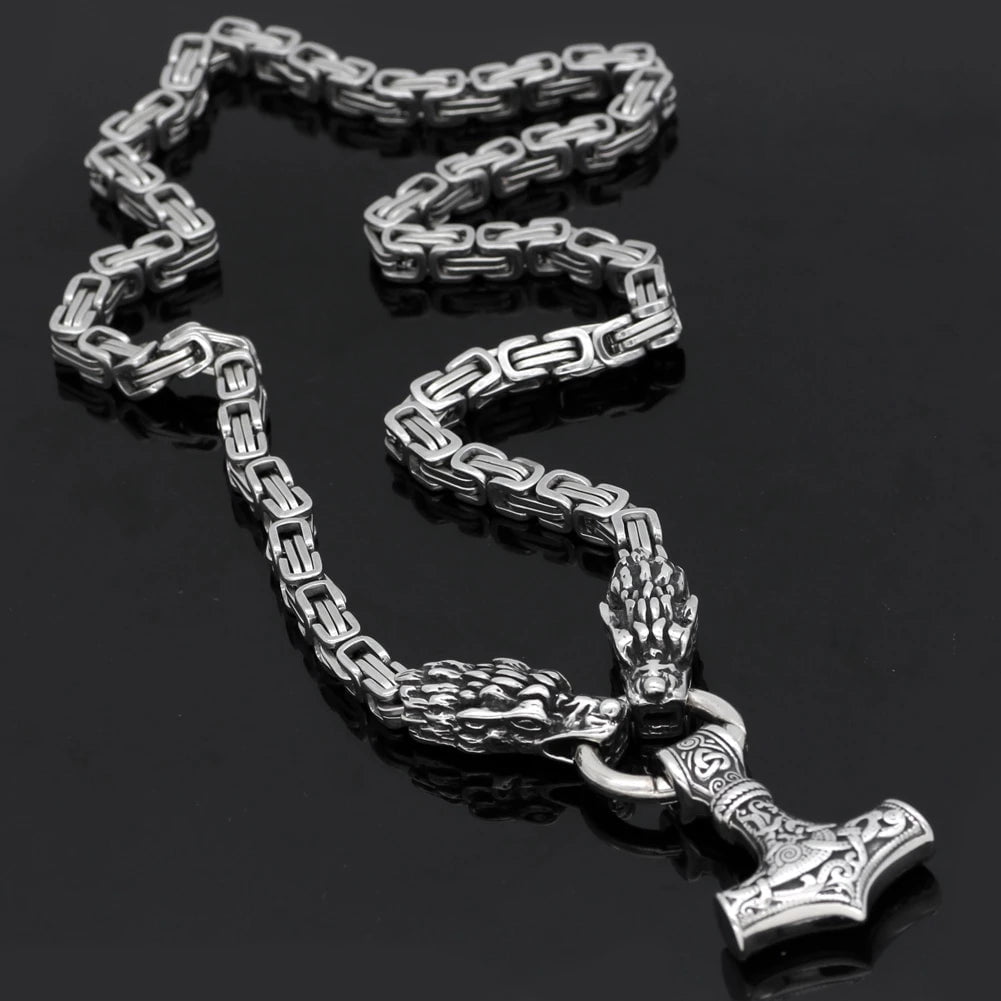 Vikings Dragon Head Mjolnir Stainless Steel Necklace Ancient Treasures