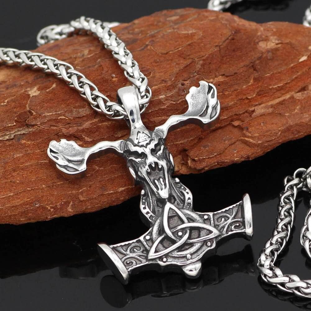Vikings Goat Skull Mjolnir Stainless Steel Necklace Ancient Treasures