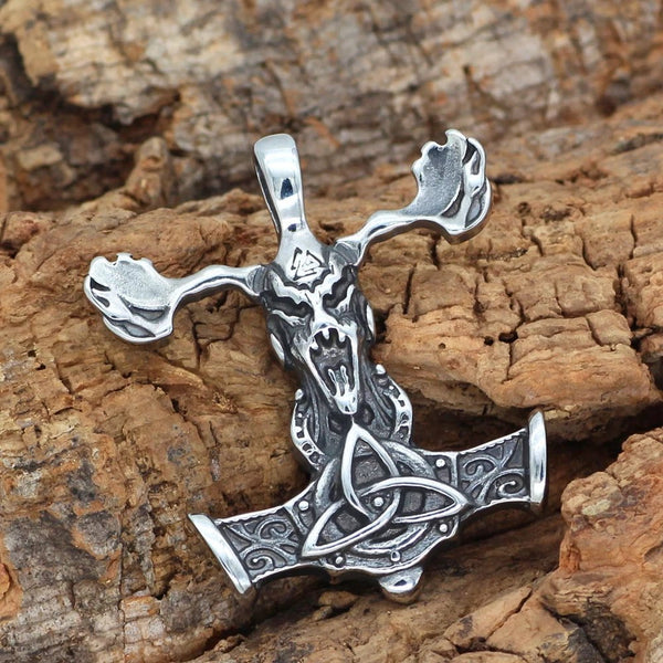 Vikings Goat Skull Mjolnir Stainless Steel Necklace Ancient Treasures