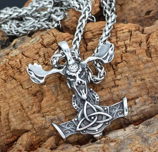 Vikings Goat Skull Mjolnir Stainless Steel Necklace Ancient Treasures
