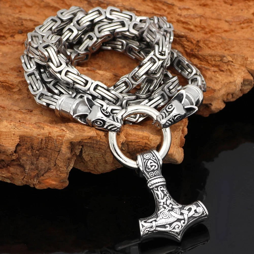 Vikings Mjolnir in Wolf Head Stainless Steel Necklace Ancient Treasures
