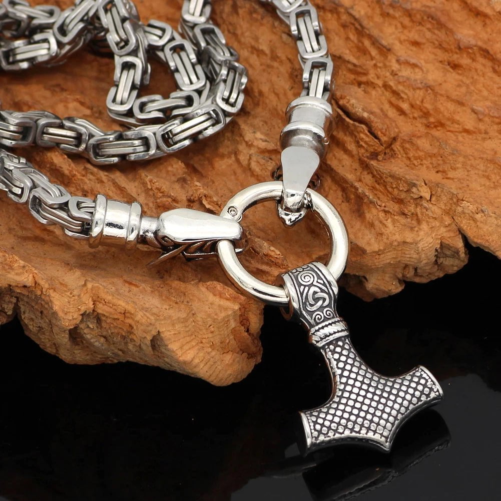 Vikings Mjolnir in Wolf Head Stainless Steel Necklace Ancient Treasures