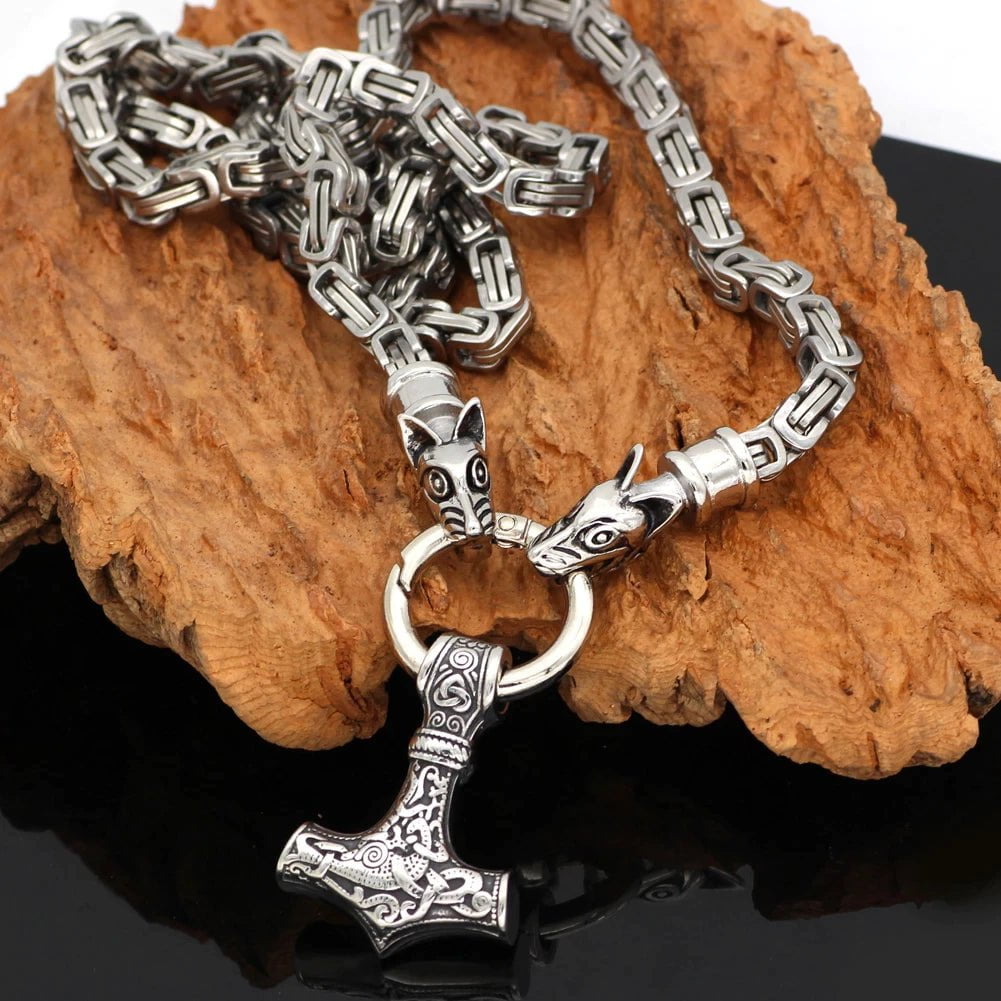 Vikings Mjolnir in Wolf Head Stainless Steel Necklace Ancient Treasures
