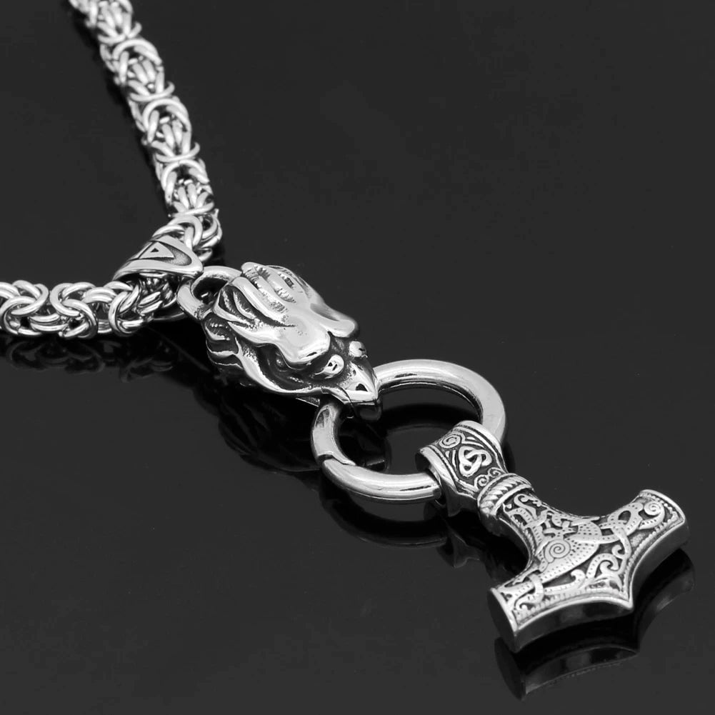Vikings Raven's Head Mjolnir Stainless Steel Necklace Ancient Treasures