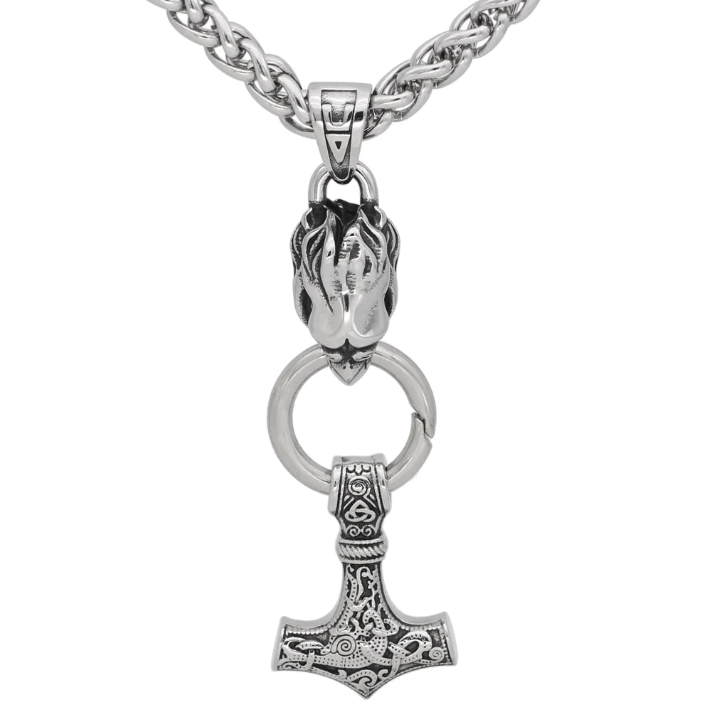 Vikings Raven's Head Mjolnir Stainless Steel Necklace Ancient Treasures