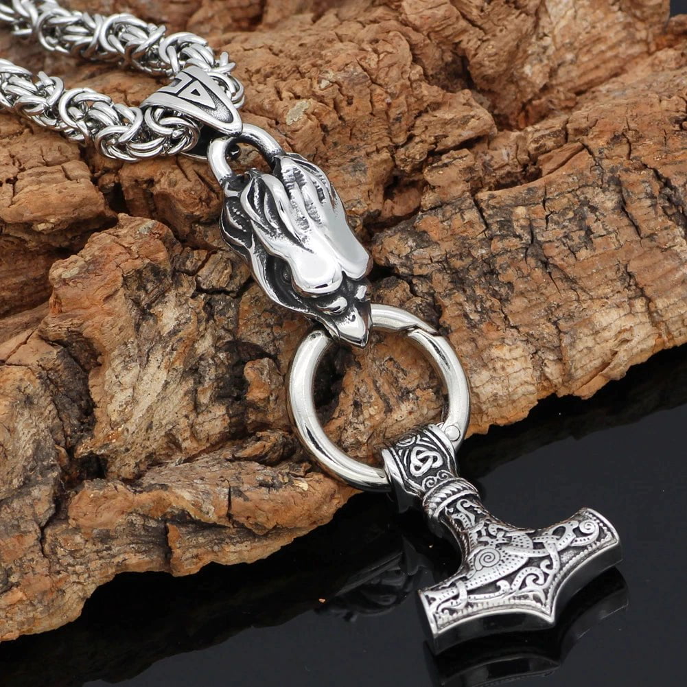 Vikings Raven's Head Mjolnir Stainless Steel Necklace Ancient Treasures