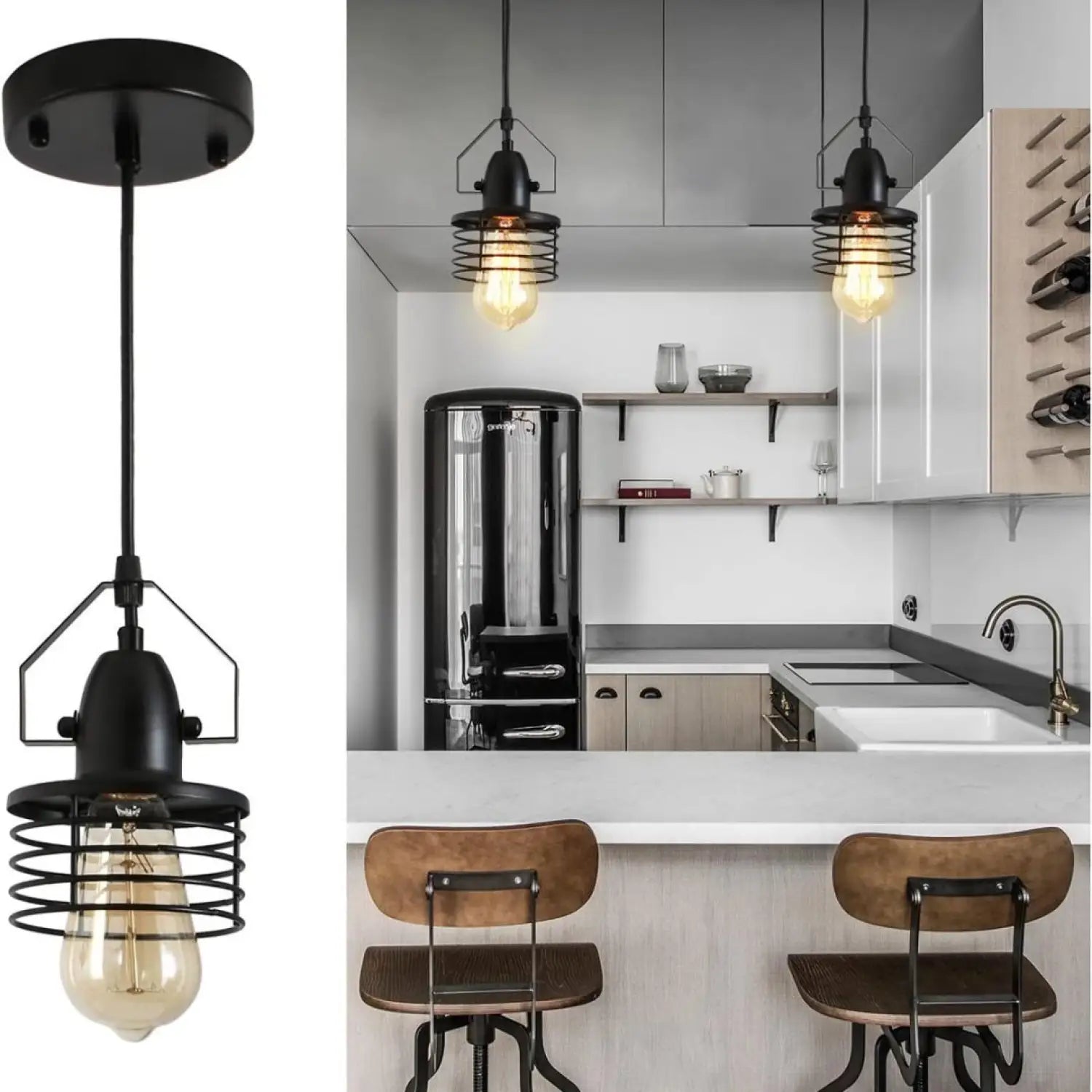 Pendant Light Kitchen Island – Industrial Black Metal Cage Fixture