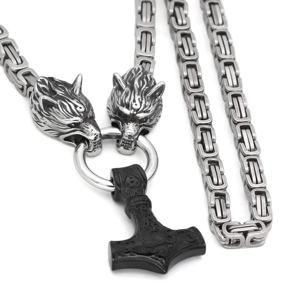 Vikings Wolf Mjolnir Stainless Steel King Chain Necklace
