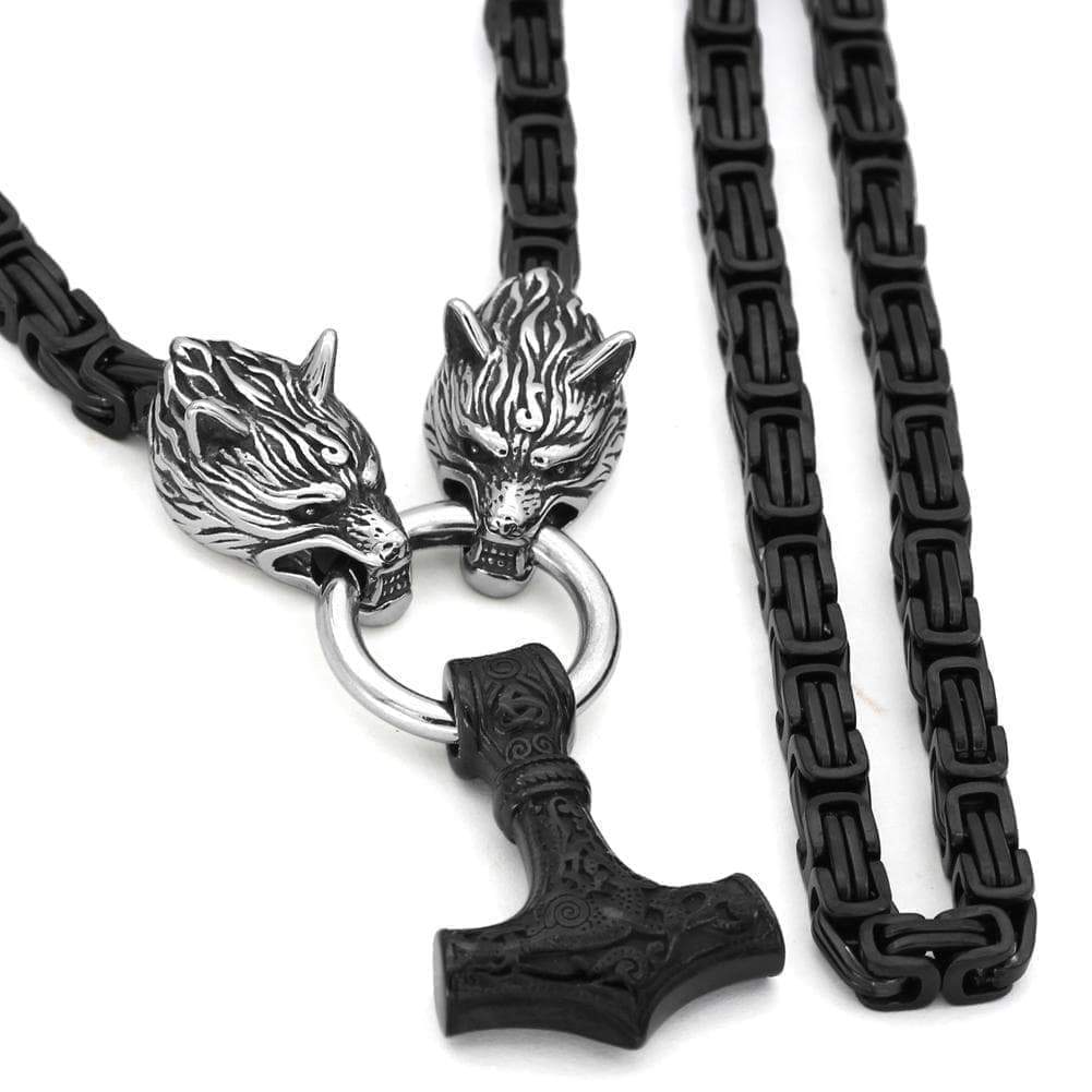 Vikings Wolf Head Mjolnir King Chain Stainless Steel Necklace