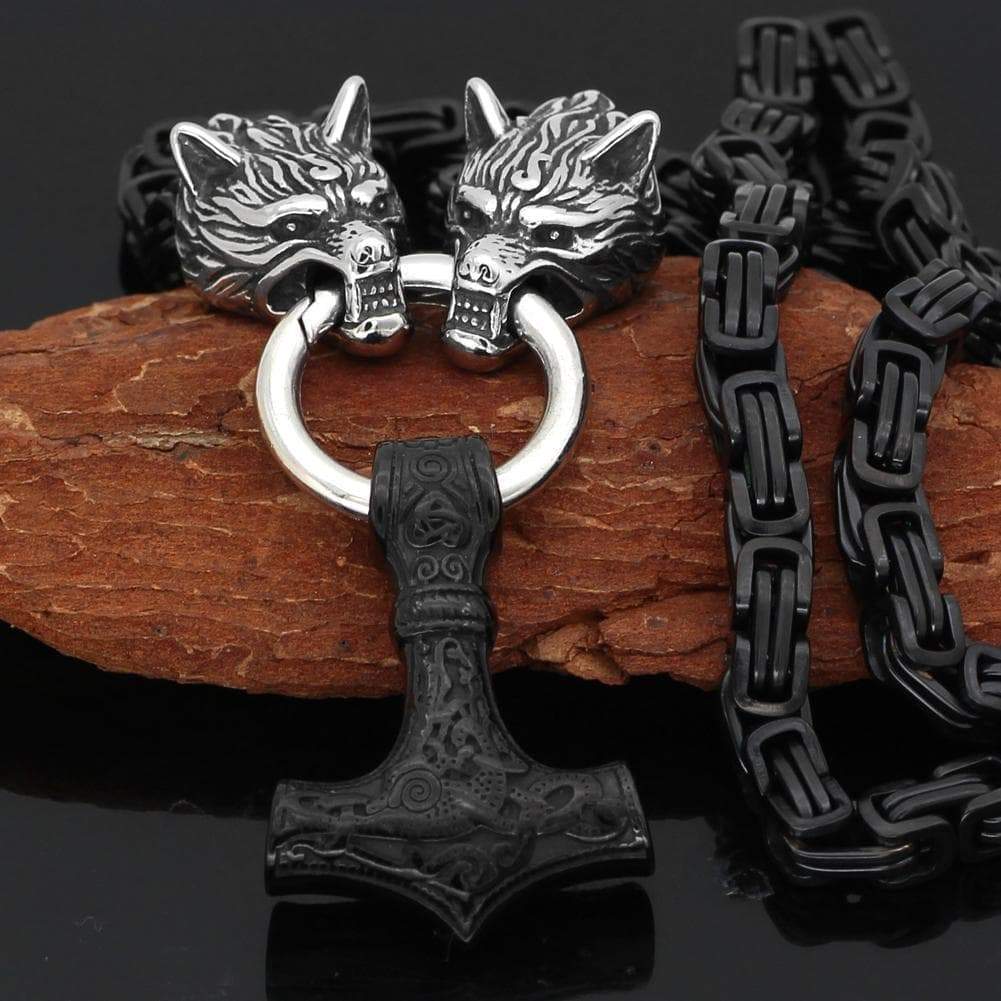 Vikings Wolf Head Mjolnir King Chain Stainless Steel Necklace