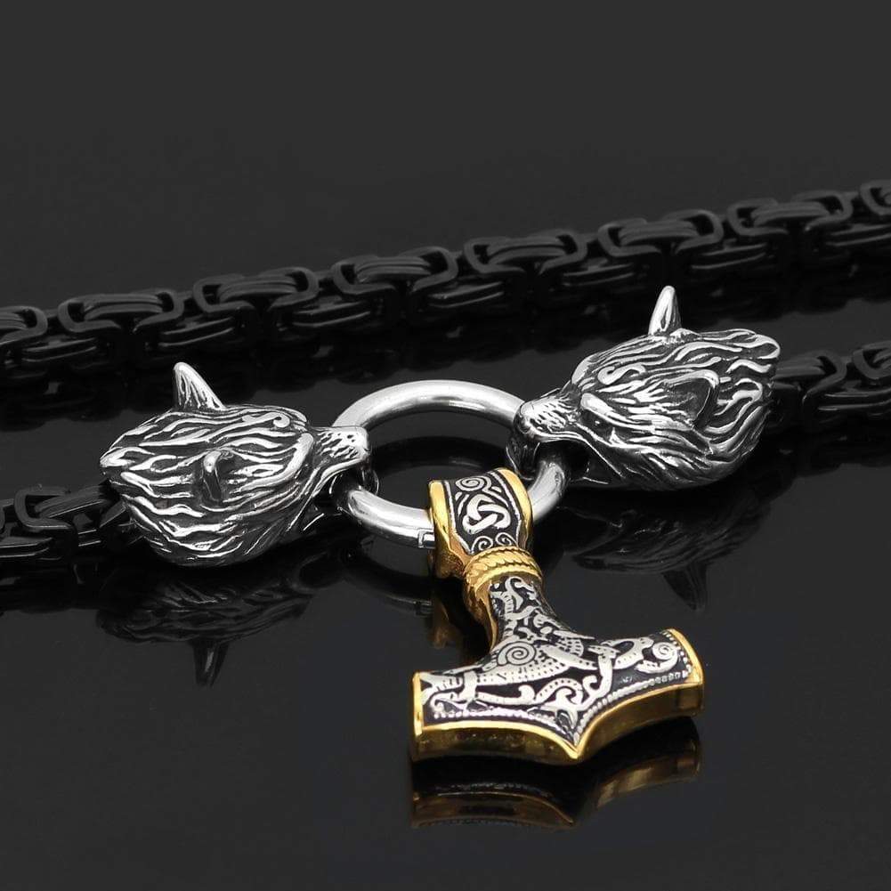 Vikings Wolf Head Black King Chain Mjolnir Stainless Steel Necklace