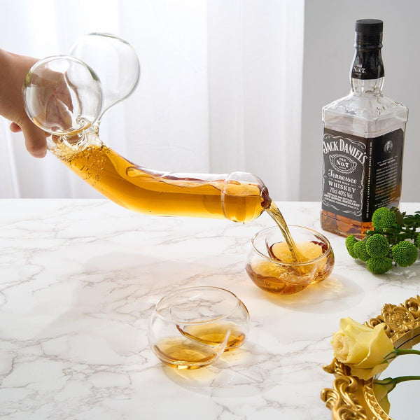 Penis Whiskey Decanter Bottle With Two Whiskey Glasses - Unique & Funny Glass Container for Scotch, Tequila, Brandy, Rum, Bourbon & Other Drinks - Naughty Gift Accessories, Deez Nuts Gag Gifts
