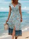 Perfee Backless Slit Printed Short Sleeve Dress - Pastel  Blue / L