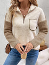 Perfee Contrast Half Zip Long Sleeve Sweatshirt - Khaki / XL