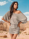 Perfee Drawstring One Shoulder Three-Quarter Sleeve Mini Dress - Dust Storm / M