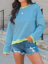 Perfee Striped Round Neck Long Sleeve Sweatshirt - Pastel  Blue / M