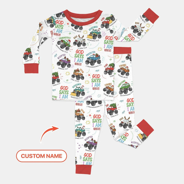 Personalized God Says I Am Christmas Monster Truck Bamboo Two Piece Long Sleeve Pajama Set