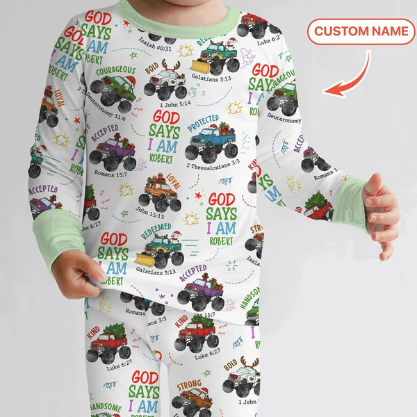 Personalized God Says I Am Christmas Monster Truck Bamboo Two Piece Long Sleeve Pajama Set