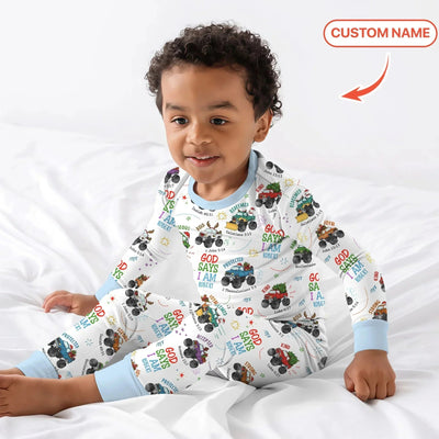 Personalized God Says I Am Christmas Monster Truck Bamboo Two Piece Long Sleeve Pajama Set