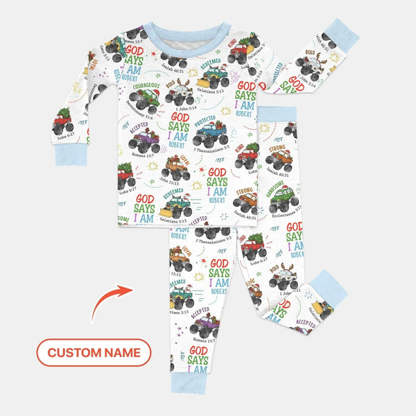 Personalized God Says I Am Christmas Monster Truck Bamboo Two Piece Long Sleeve Pajama Set