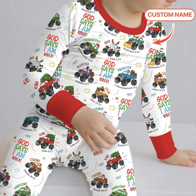 Personalized God Says I Am Christmas Monster Truck Bamboo Two Piece Long Sleeve Pajama Set