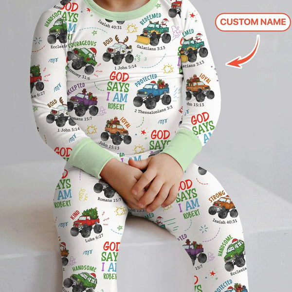 Personalized God Says I Am Christmas Monster Truck Bamboo Two Piece Long Sleeve Pajama Set