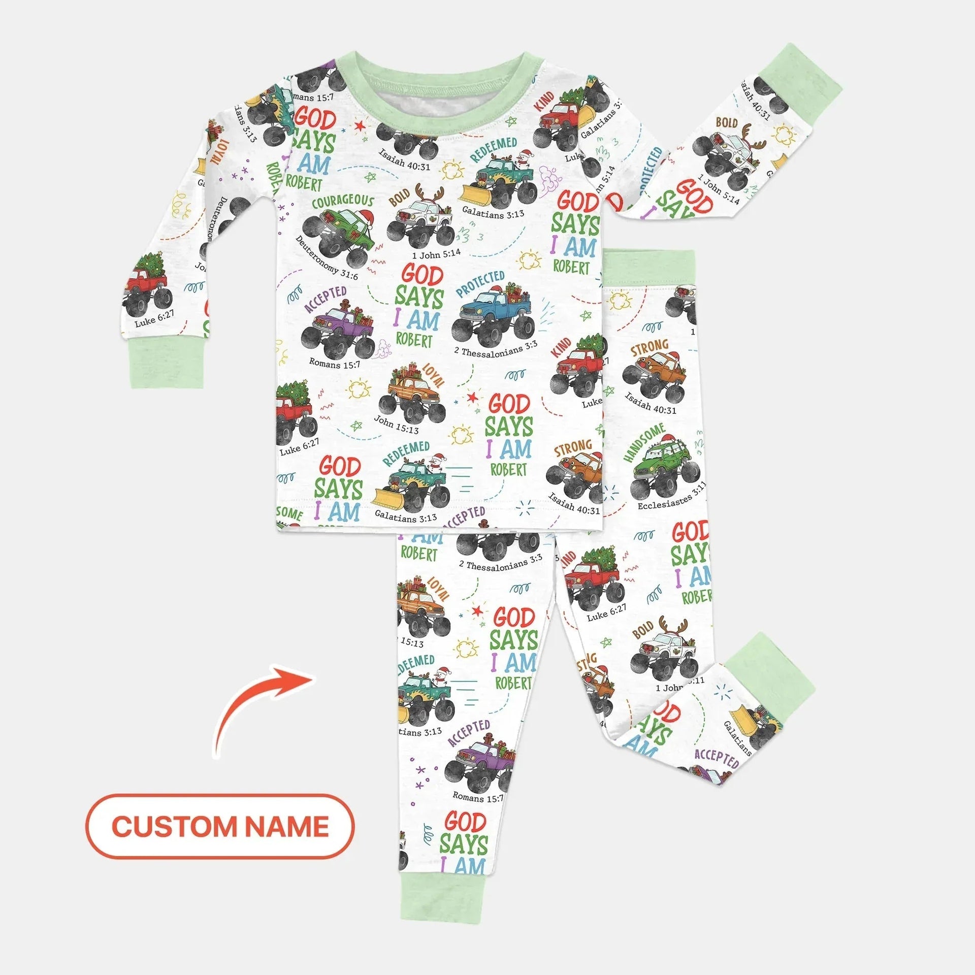 Personalized God Says I Am Christmas Monster Truck Bamboo Two Piece Long Sleeve Pajama Set