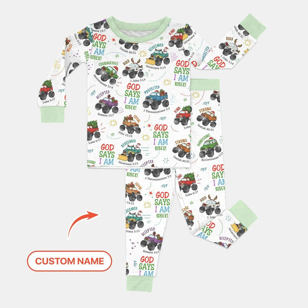 Personalized God Says I Am Christmas Monster Truck Bamboo Two Piece Long Sleeve Pajama Set