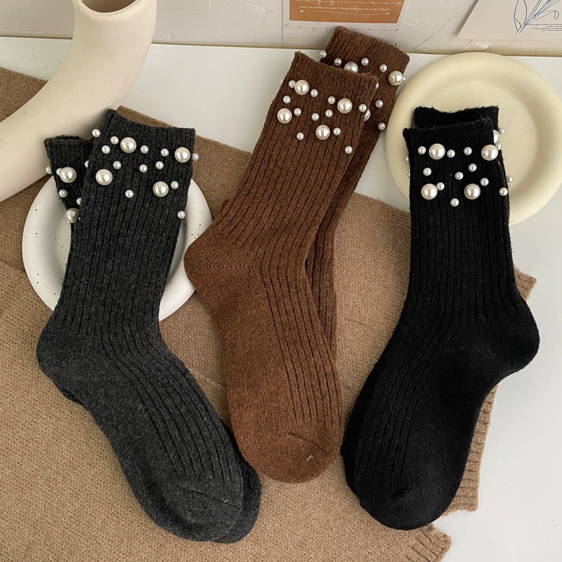 Personalized Korean style fashionable rivet bead pile socks autumn and winter thick warm rabbit wool mid tube socks for children