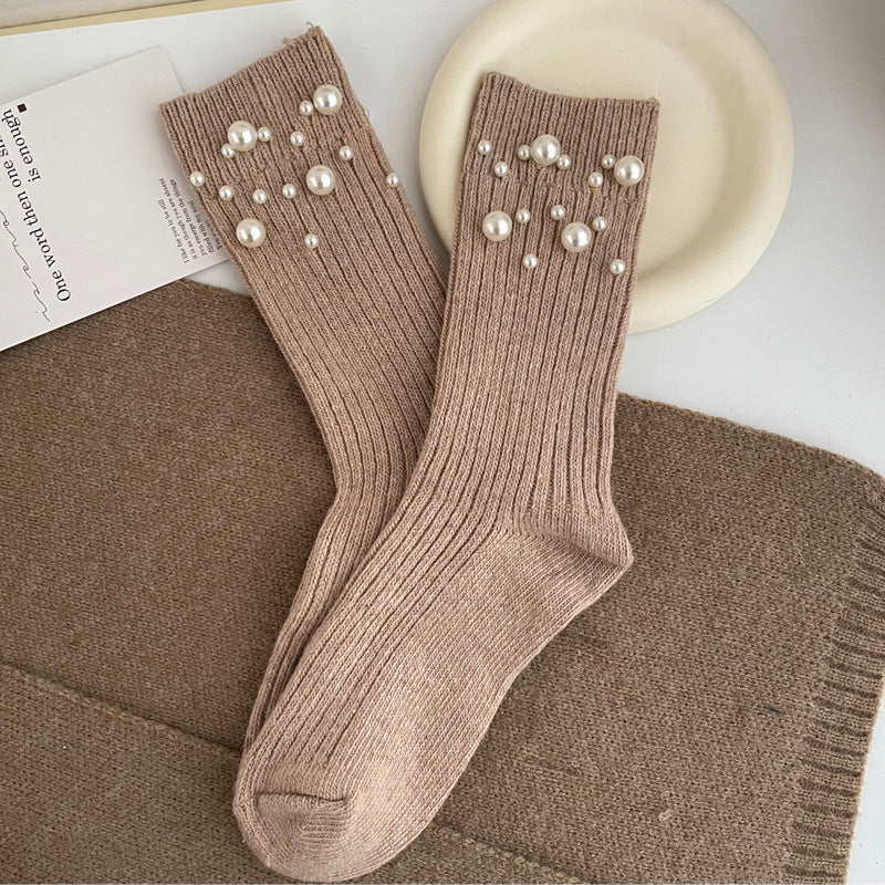 Personalized Korean style fashionable rivet bead pile socks autumn and winter thick warm rabbit wool mid tube socks for children