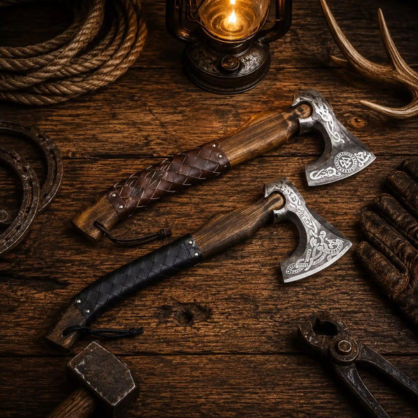 Personalized Norse & Celtic Engraved Bearded Camping Axe with Leather Sheath