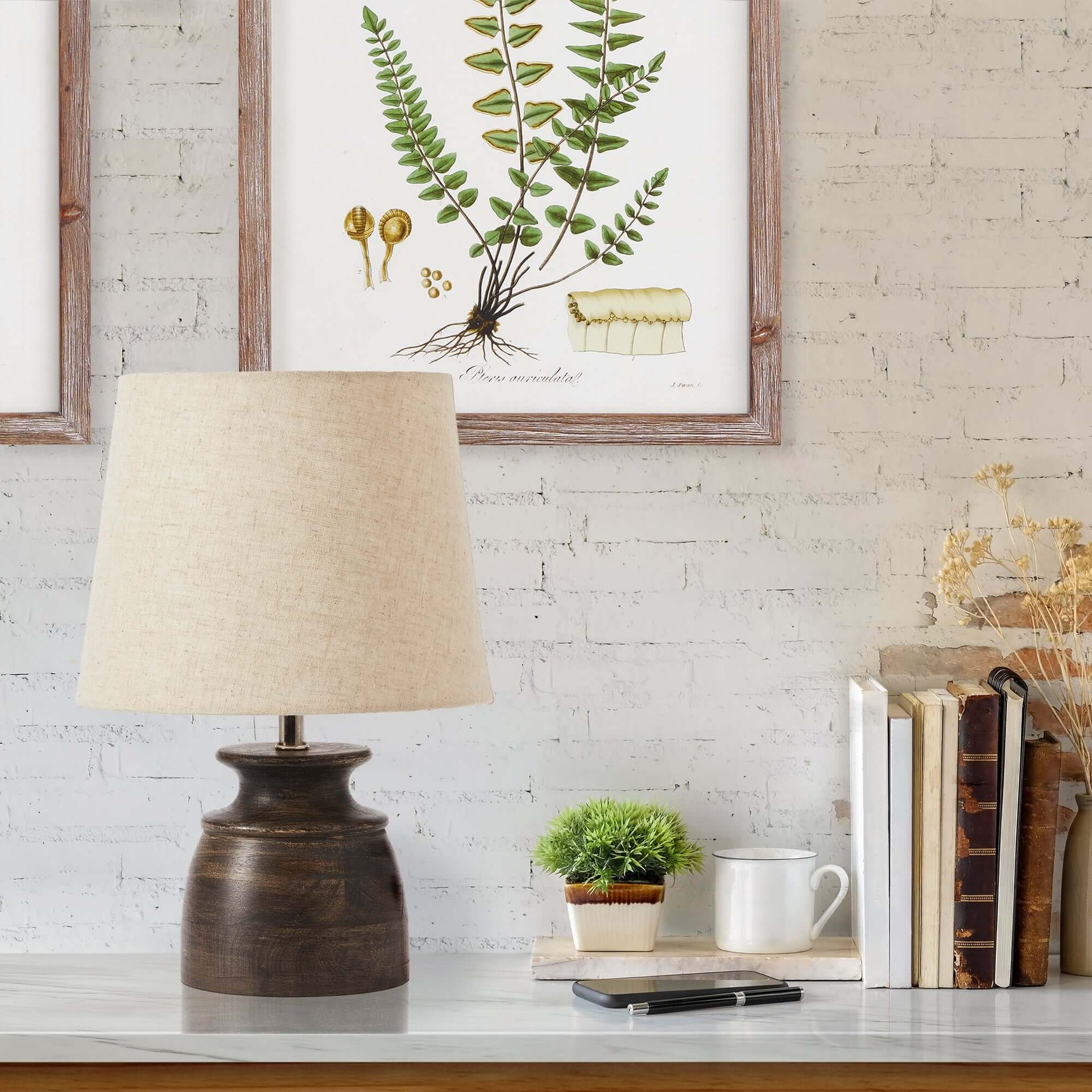 Petite Mango Wood Desk Lamp with Natural Linen Shade