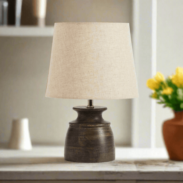 Petite Mango Wood Desk Lamp with Natural Linen Shade