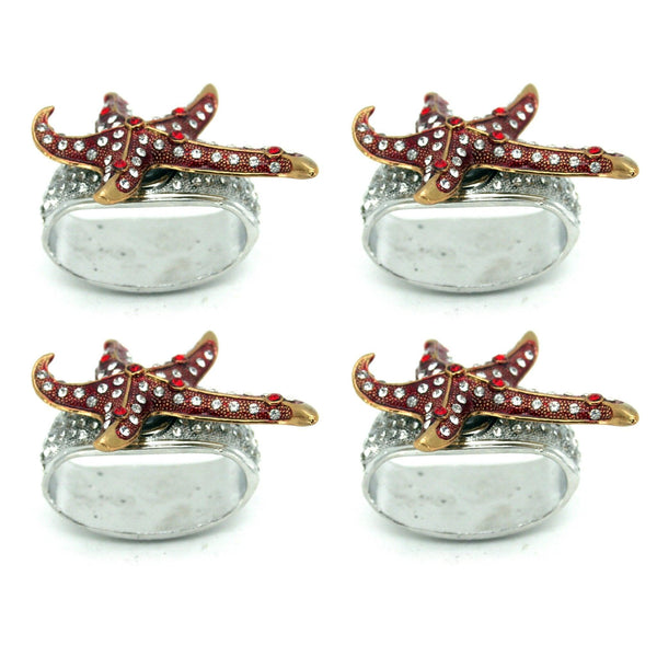 Pewter Jeweled Fancy Red Starfish Napkin Rings Set of 4