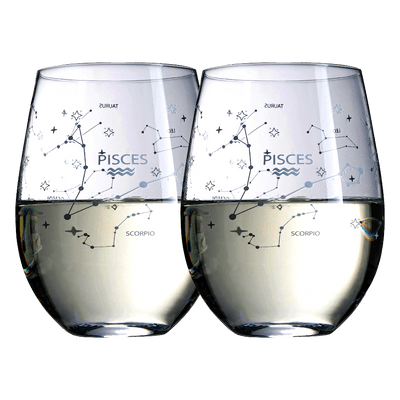 Set of 2 Zodiac Sign Wine Glasses with 2 Wooden Coasters by The Wine Savant - Astrology Drinking Glass Set with Etched Constellation Tumblers for Juice, Water Home Bar Horoscope Gifts 18oz (Pisces)