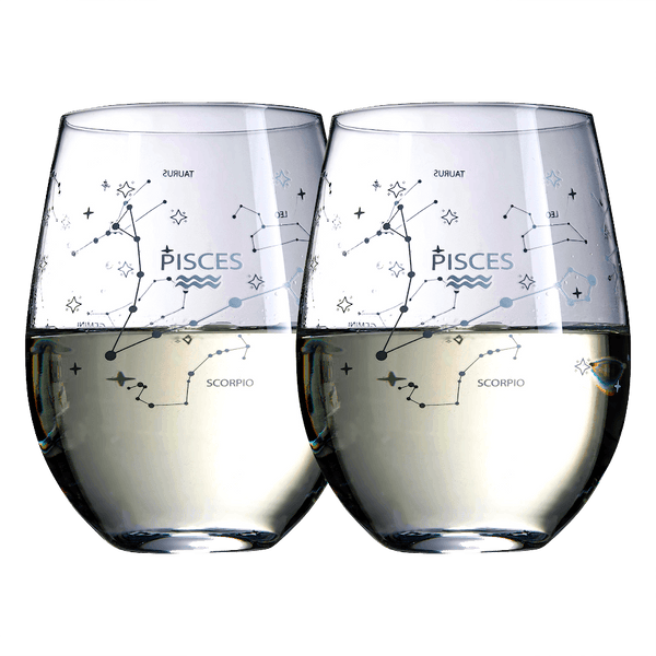 Set of 2 Zodiac Sign Wine Glasses with 2 Wooden Coasters by The Wine Savant - Astrology Drinking Glass Set with Etched Constellation Tumblers for Juice, Water Home Bar Horoscope Gifts 18oz (Pisces)