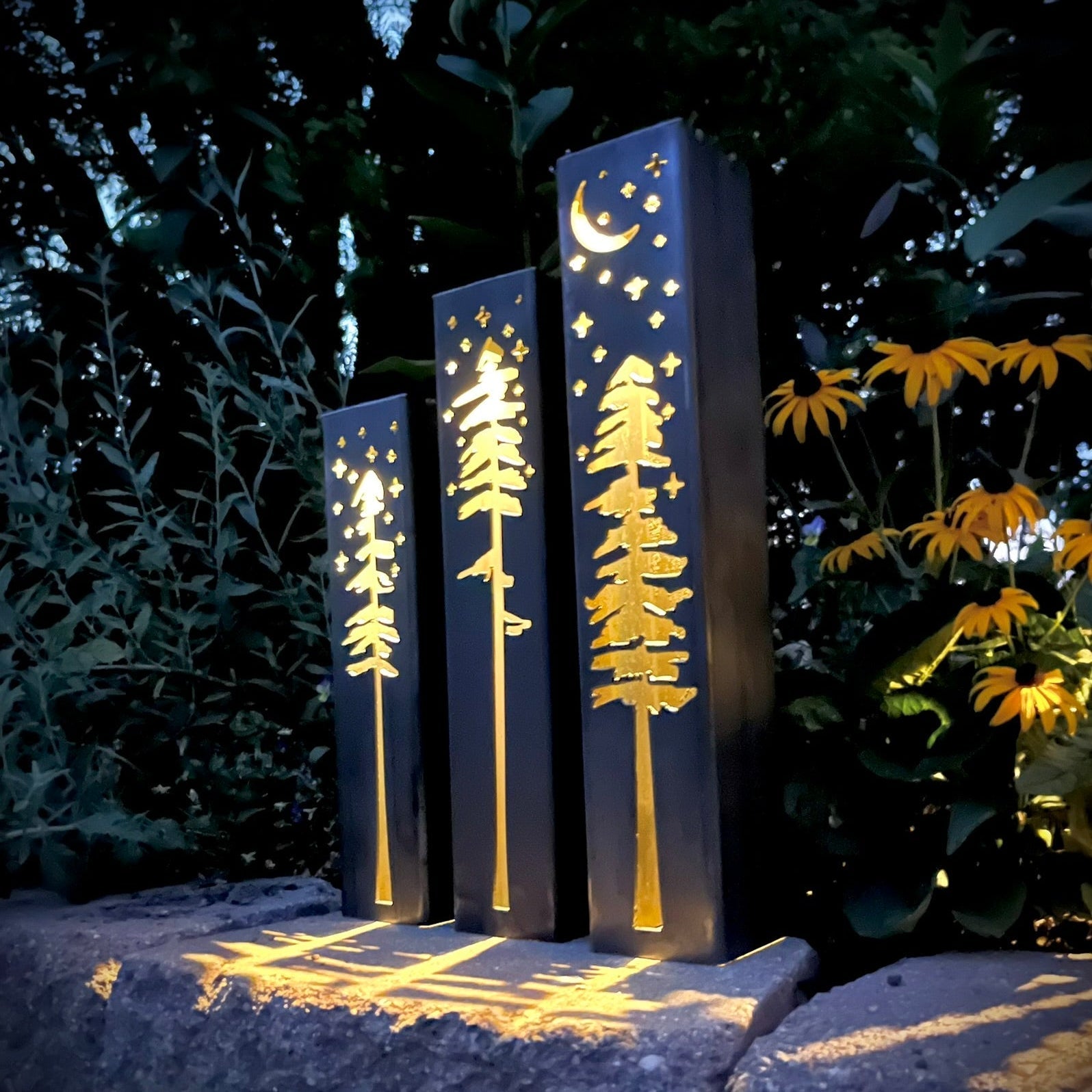 Pine Tree Night Sky Luminary Pillar w/ Solar Cap | 12-inch, 14-inch, 16-inch