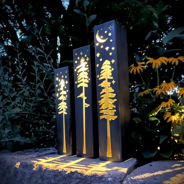 Pine Tree Night Sky Luminary Pillar w/ Solar Cap | 12-inch, 14-inch, 16-inch