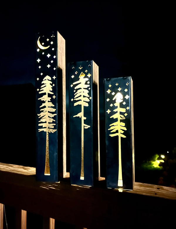 Pine Tree Night Sky Luminary Pillar w/ Solar Cap | 12-inch, 14-inch, 16-inch