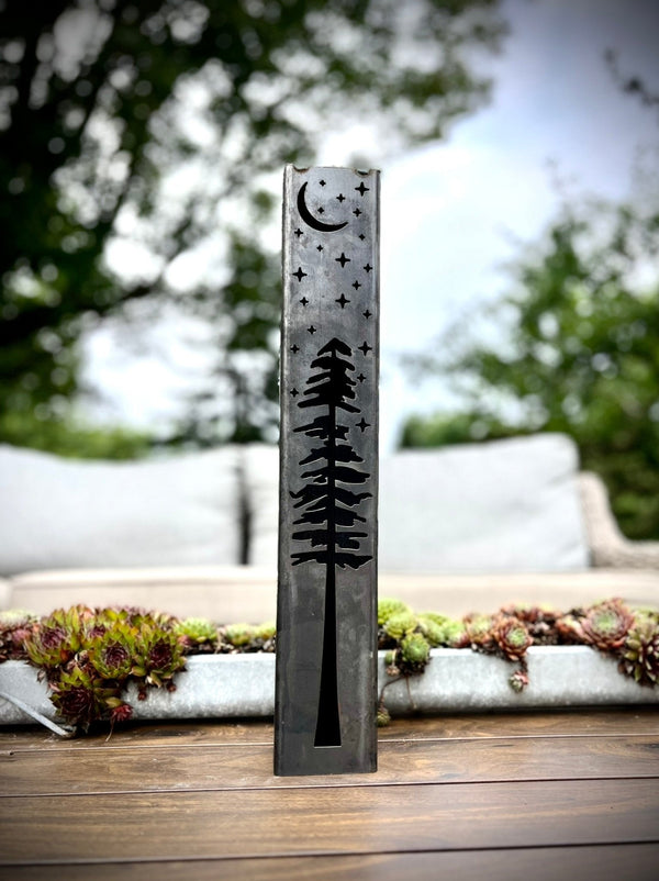 Pine Tree Night Sky Luminary Pillar w/ Solar Cap | 12-inch, 14-inch, 16-inch