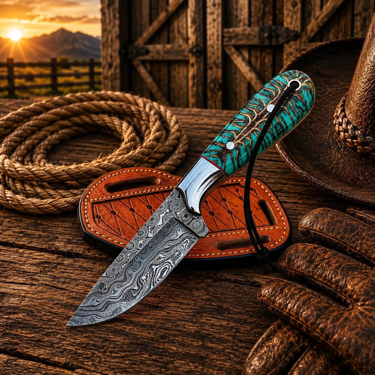 Pinecone Cowboy Working Knife – Damascus Steel 3.5