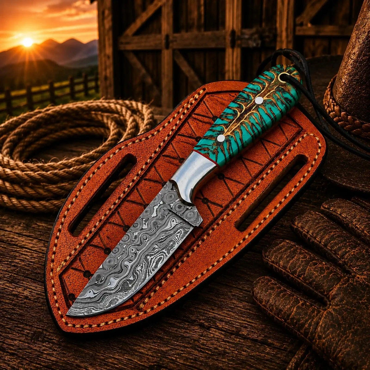 Pinecone Cowboy Working Knife – Damascus Steel 3.5