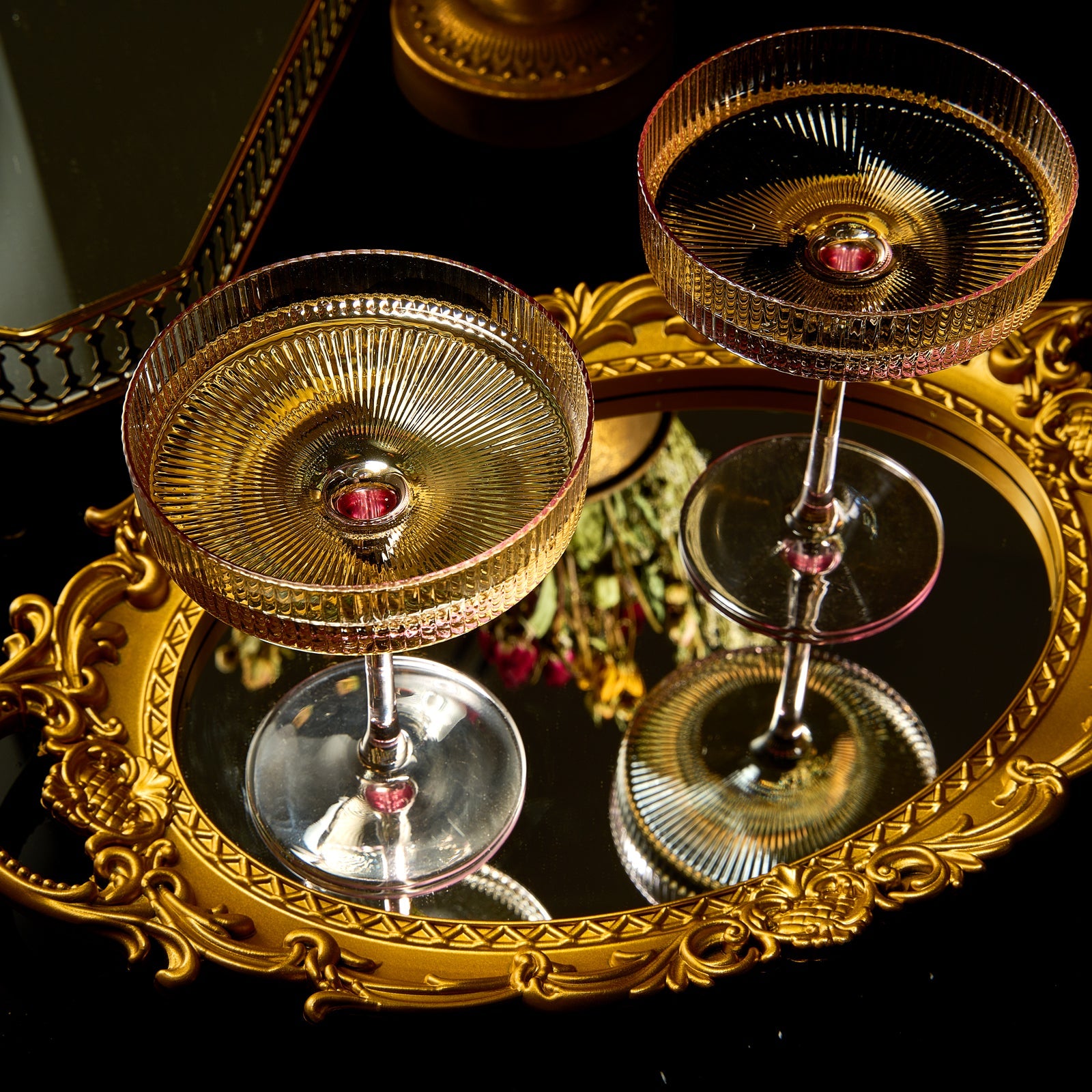 The Wine Savant Ribbed Coupe Cocktail Glasses 8 oz | Set of 2 | Classic Manhattan Glasses For Cocktails, Champagne Coupe, Ripple Coupe Glasses, Art Deco Gatsby Vintage, Crystal with Stems (Rose Pink)