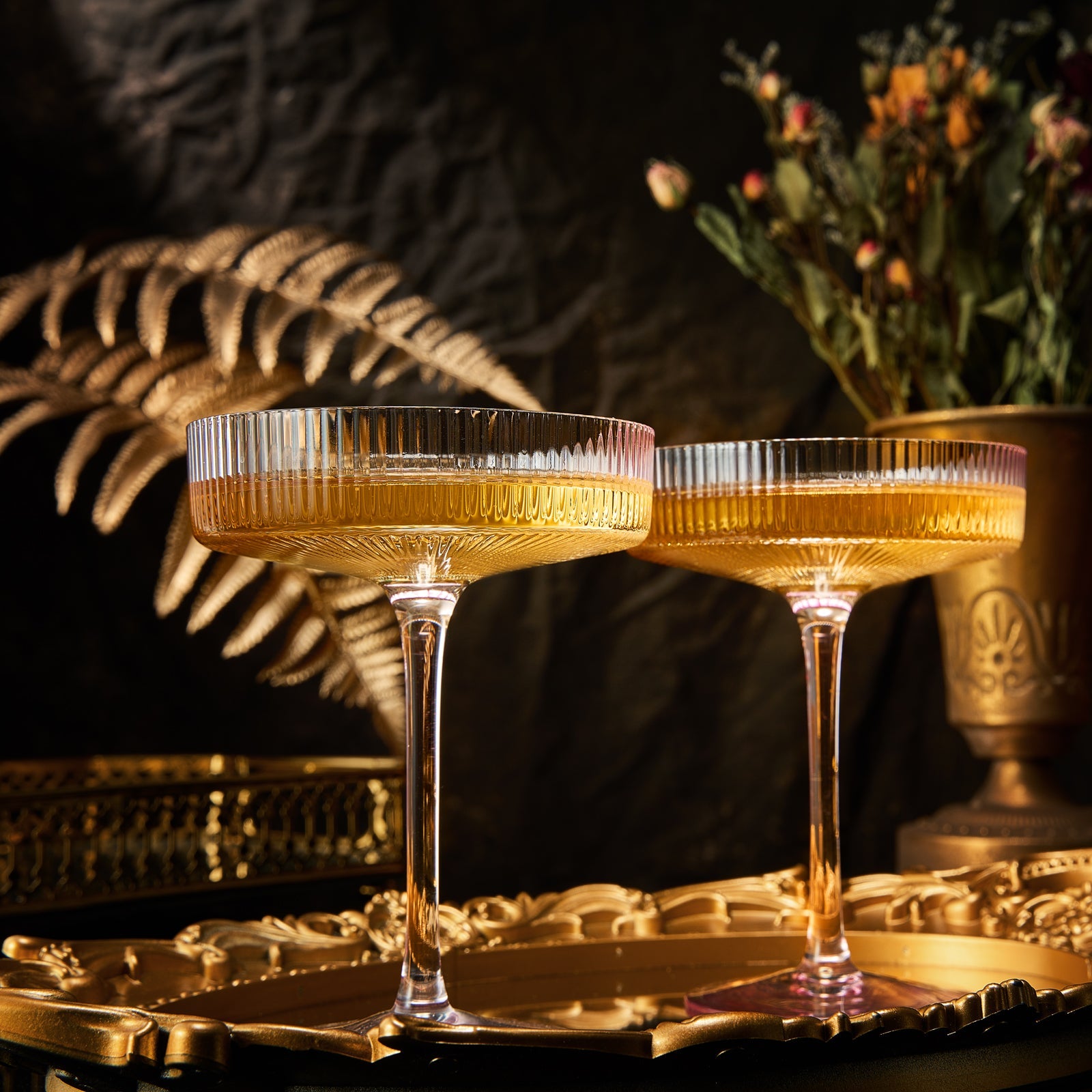 The Wine Savant Ribbed Coupe Cocktail Glasses 8 oz | Set of 2 | Classic Manhattan Glasses For Cocktails, Champagne Coupe, Ripple Coupe Glasses, Art Deco Gatsby Vintage, Crystal with Stems (Rose Pink)