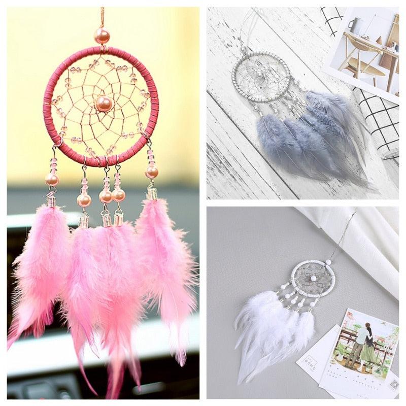 Pink Handmade Dream Catcher Wind Chimes Indian Style Feather Pendant Dream Catcher Car Hanging Decoration Wind Chime Wall Hanging Home Decor